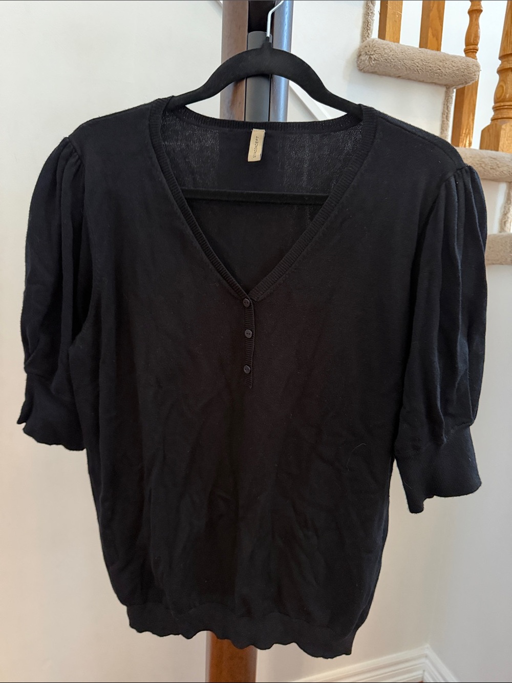 Black V-Neck Puff Sleeve Women's Top - Unbranded
